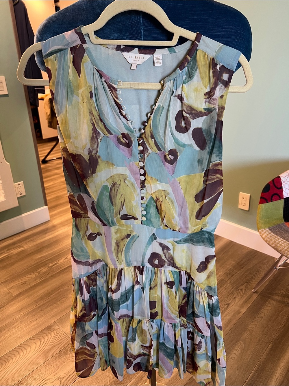 Ted Baker Light Blue & Yellow Floral Tiered Mini Dress